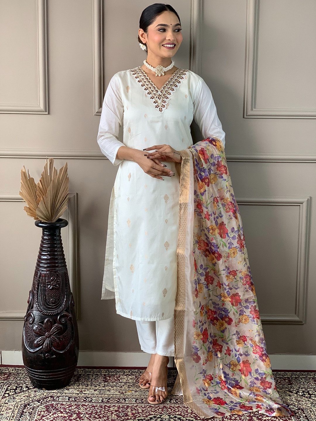 

KALINI Floral Embroidered Chanderi Silk Kurta With Trousers & Dupatta, Cream