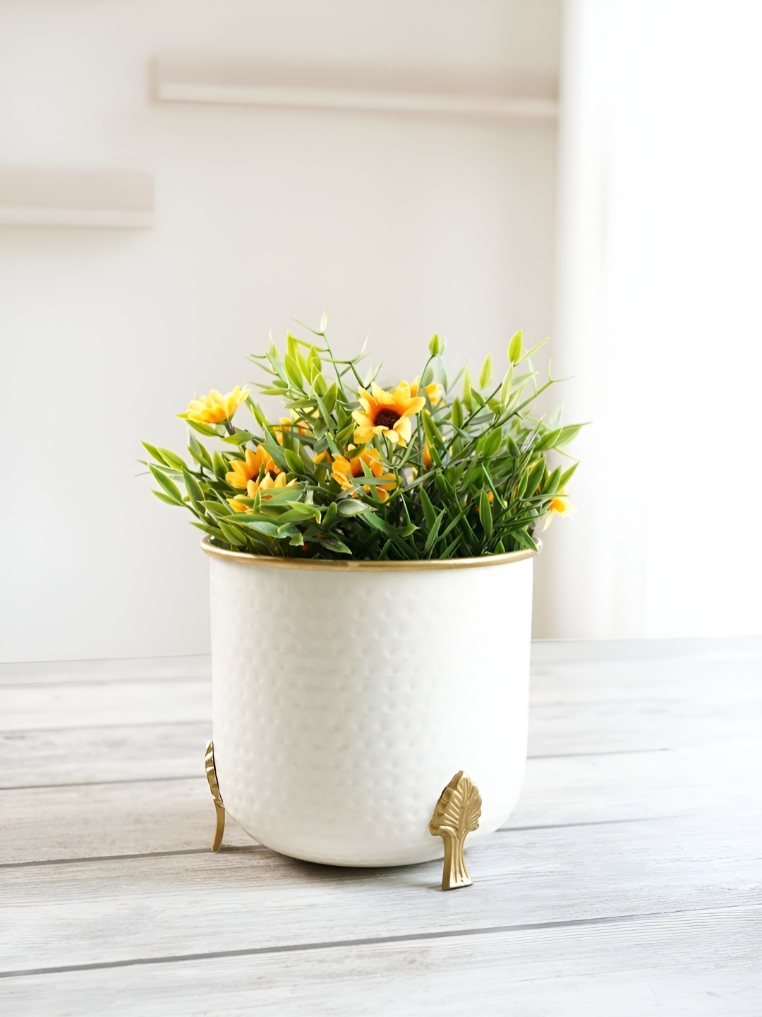 

BEHOMA White Toned Large Hammered Metal Planter With Leaf leg