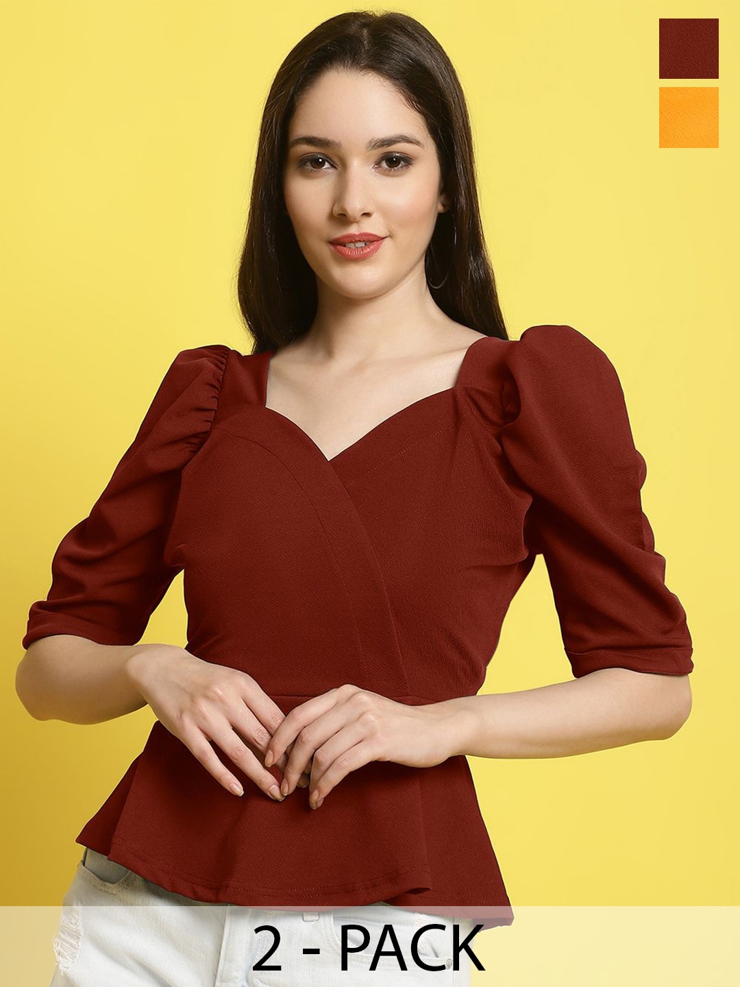 

Metronaut Women Pack of 2 Solid Sweetheart Neck Puff Sleeves Regular Tops, Maroon