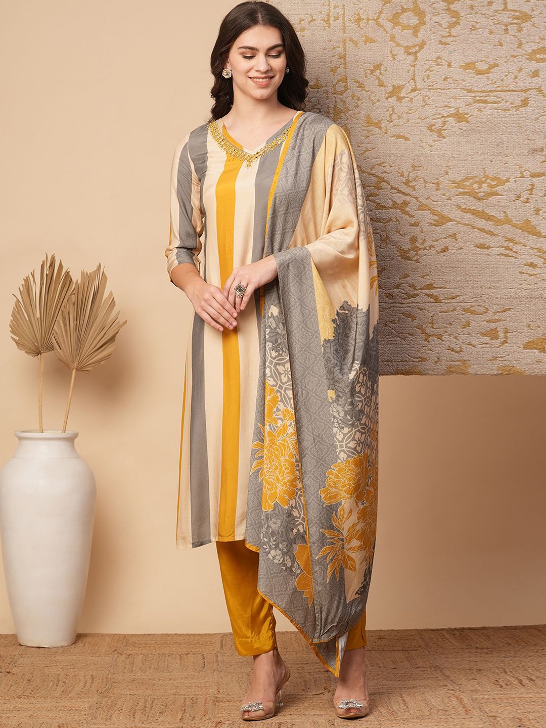 

FASHOR Striped Straight Mirror Work Kurta with Trousers & Dupatta, Yellow