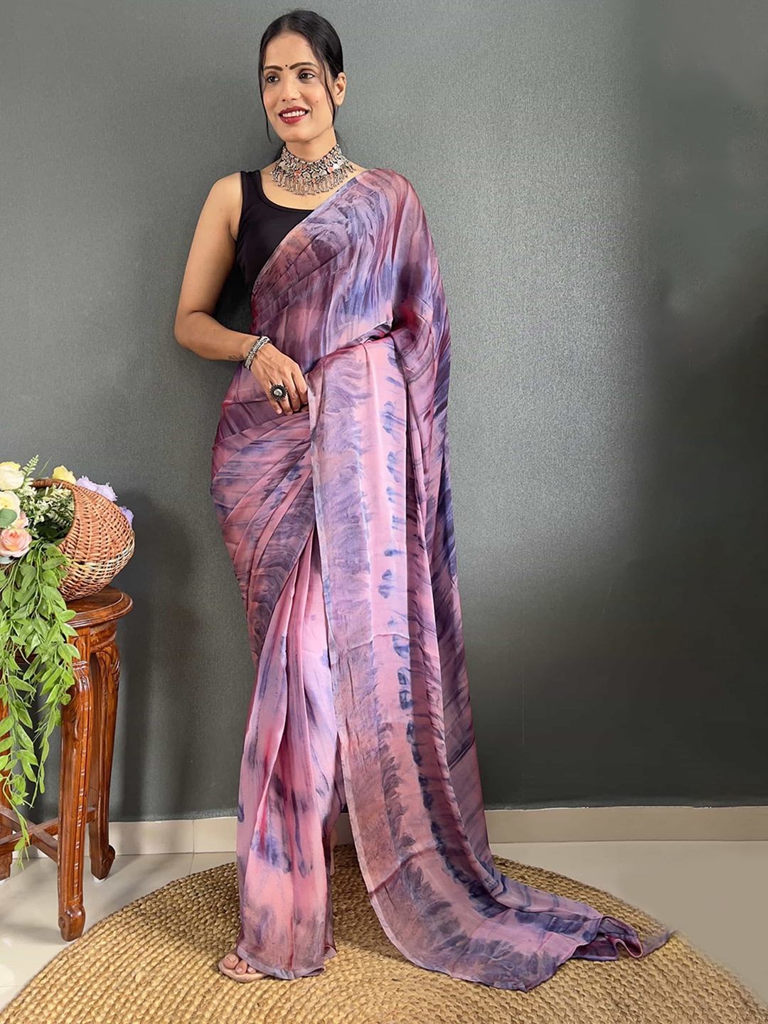 

V3 FASHION STUDIO Tie and Dye Pure Chiffon Ready to Wear Jamdani Sarees, Purple