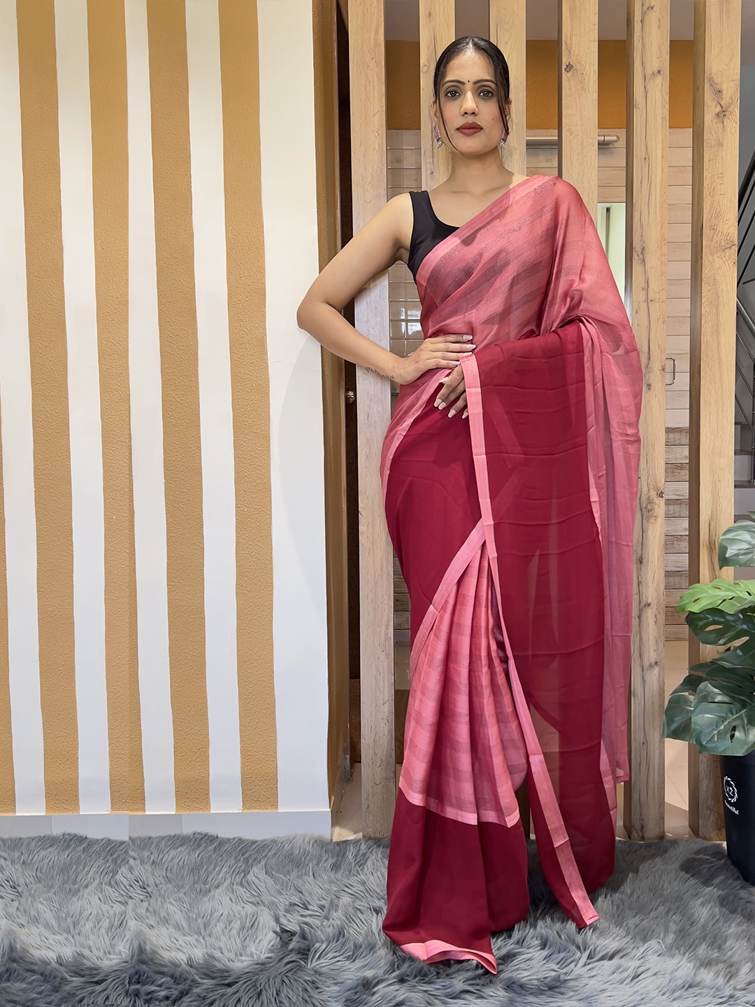 

V3 FASHION STUDIO Striped Pure Chiffon Ready to Wear Jamdani Saree, Pink