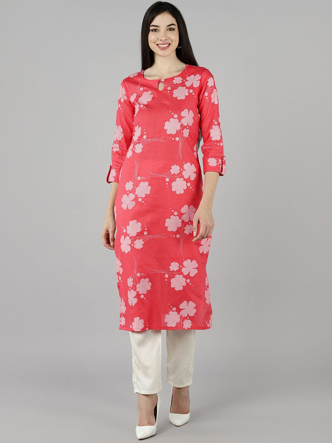 

AHIKA Floral Printed Cotton Straight Kurta, Pink