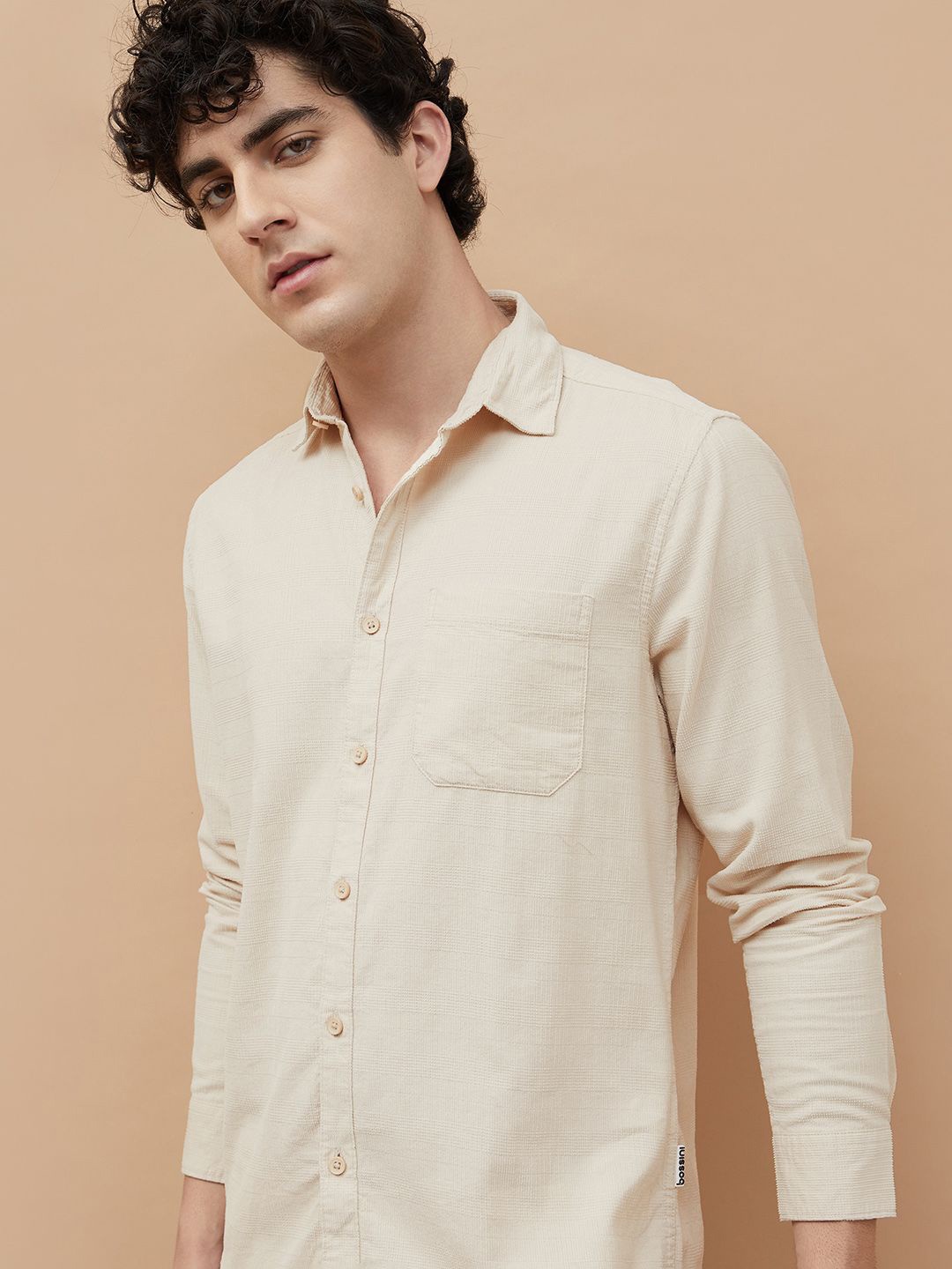 

Bossini Men Spread Collar Solid Cotton Casual Shirt, Beige