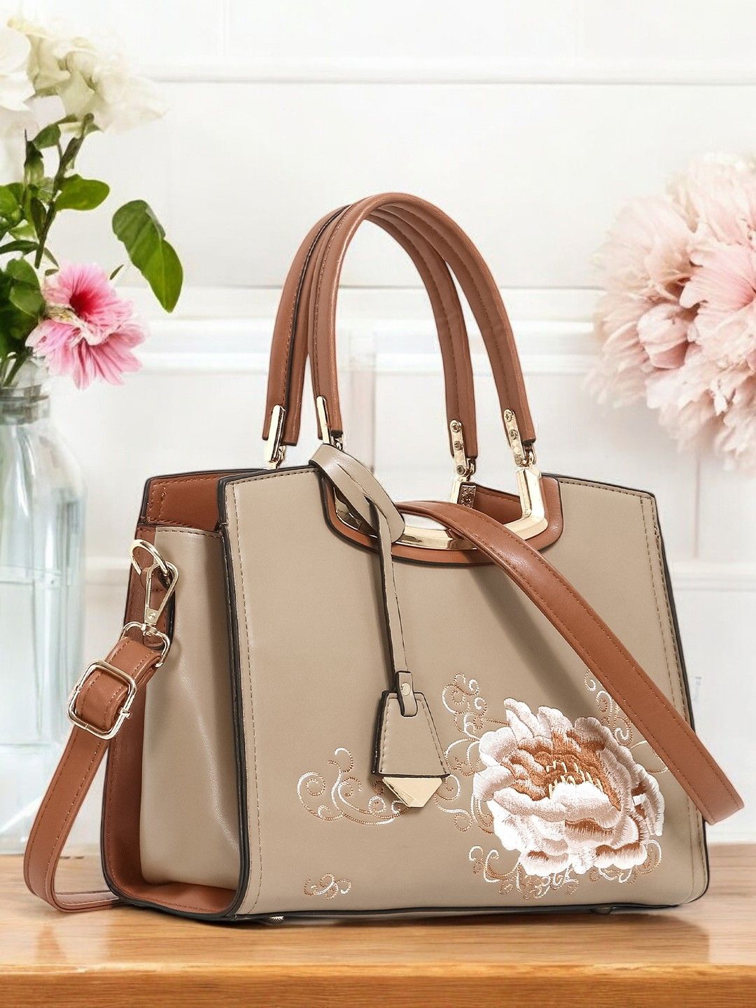 

Exotic Women Floral Printed Structured Handheld Bag, Nude