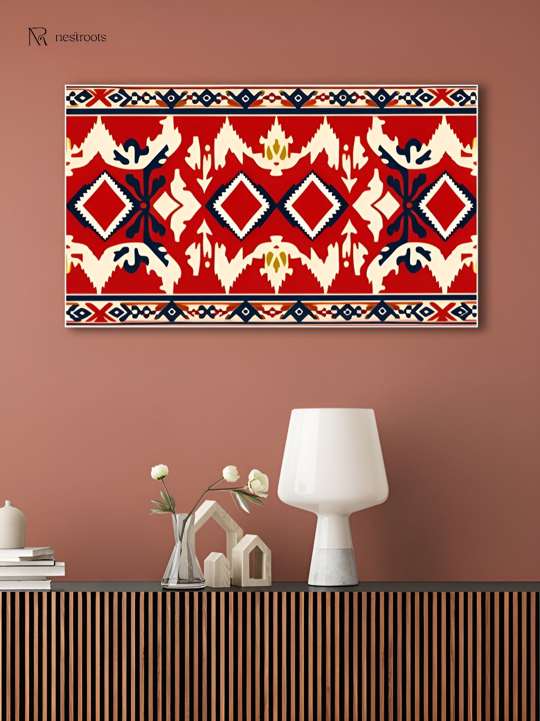 

nestroots Elegant Ikat White & Red Canvas Painting Wall Art