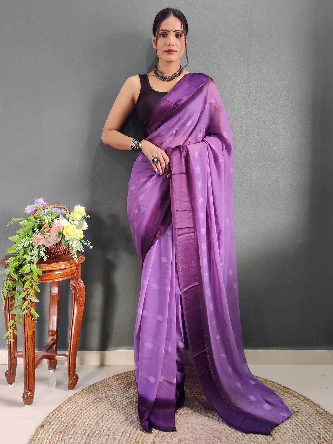 

V3 FASHION STUDIO Satin Ready to Wear Saree, Purple