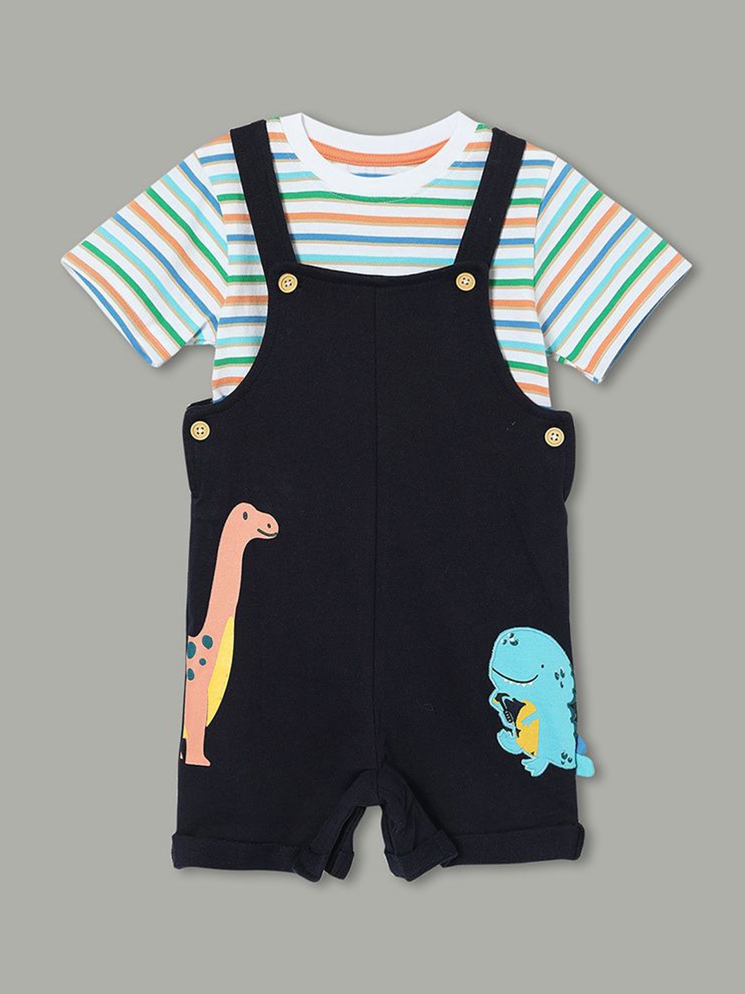 

Juniors by Lifestyle Boys Casual Cotton Dungaree With Striped T-Shirt, Black