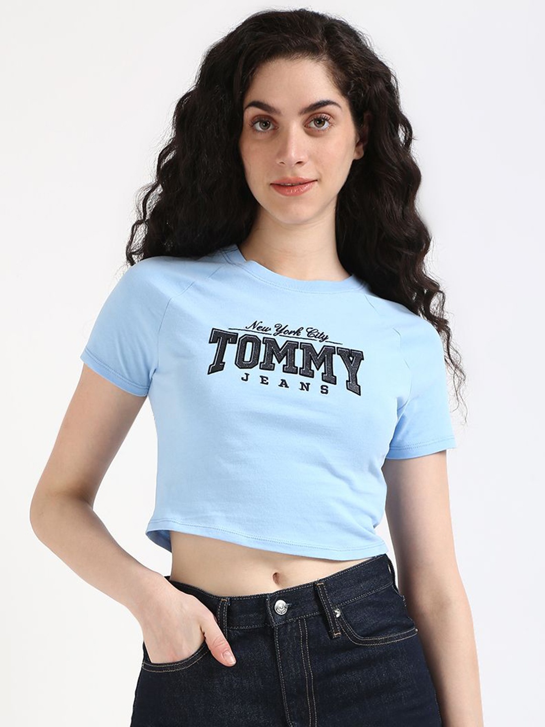 

Tommy Hilfiger Women Typography Printed Round Neck Cotton T-shirt, Blue
