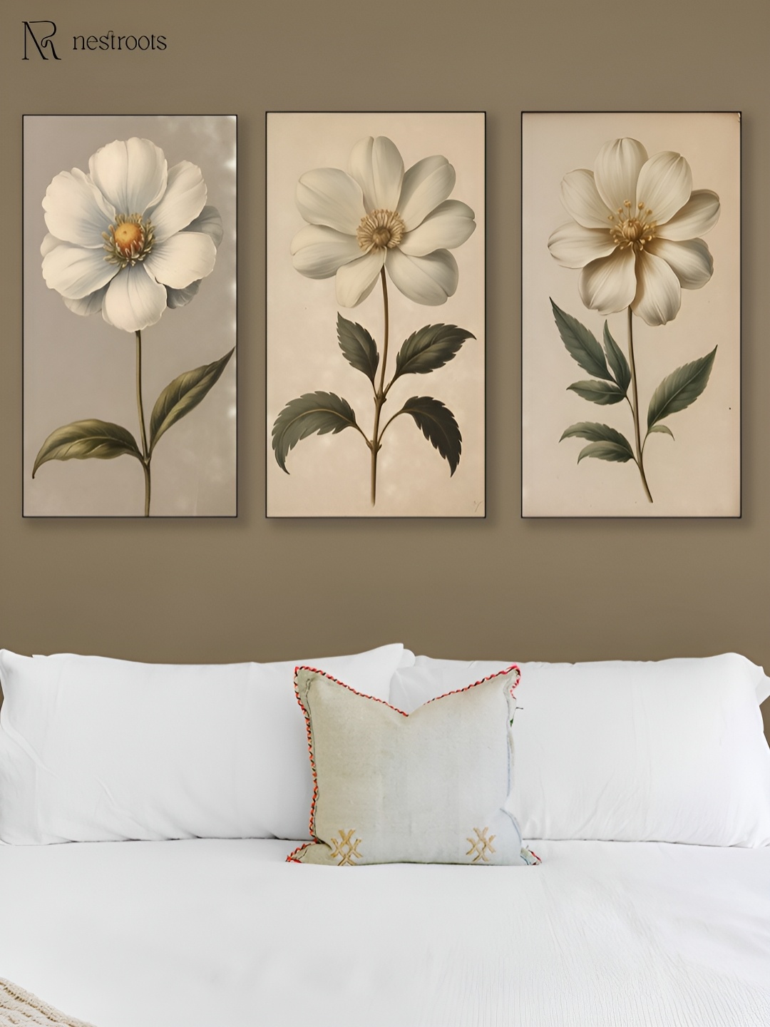 

nestroots Green & White 3 Pieces Floral Printed Canvas Paintings Wall Arts