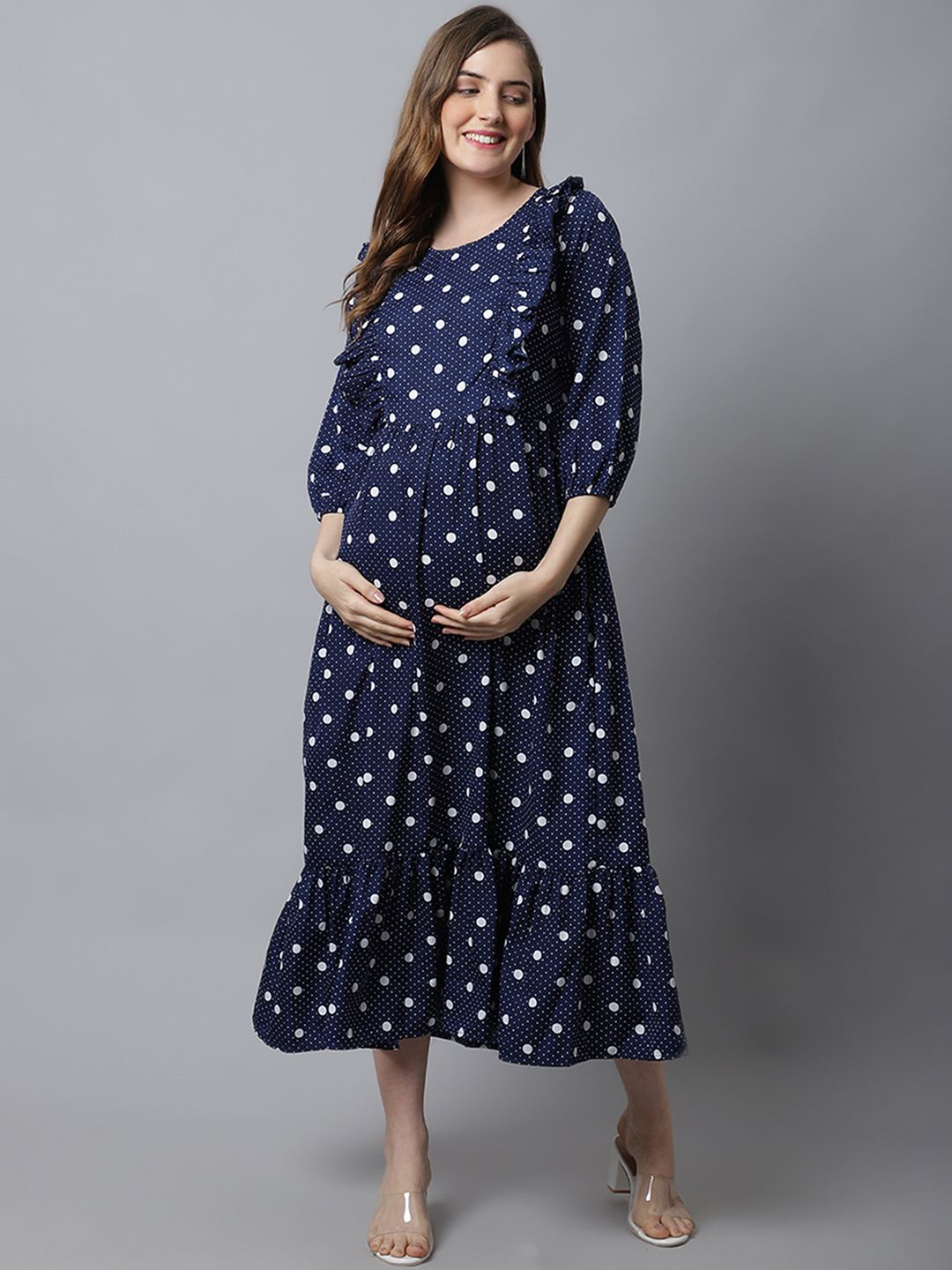 

Frempy Women Polka Dot Printed Maternity A-Line Midi Dress, Navy blue