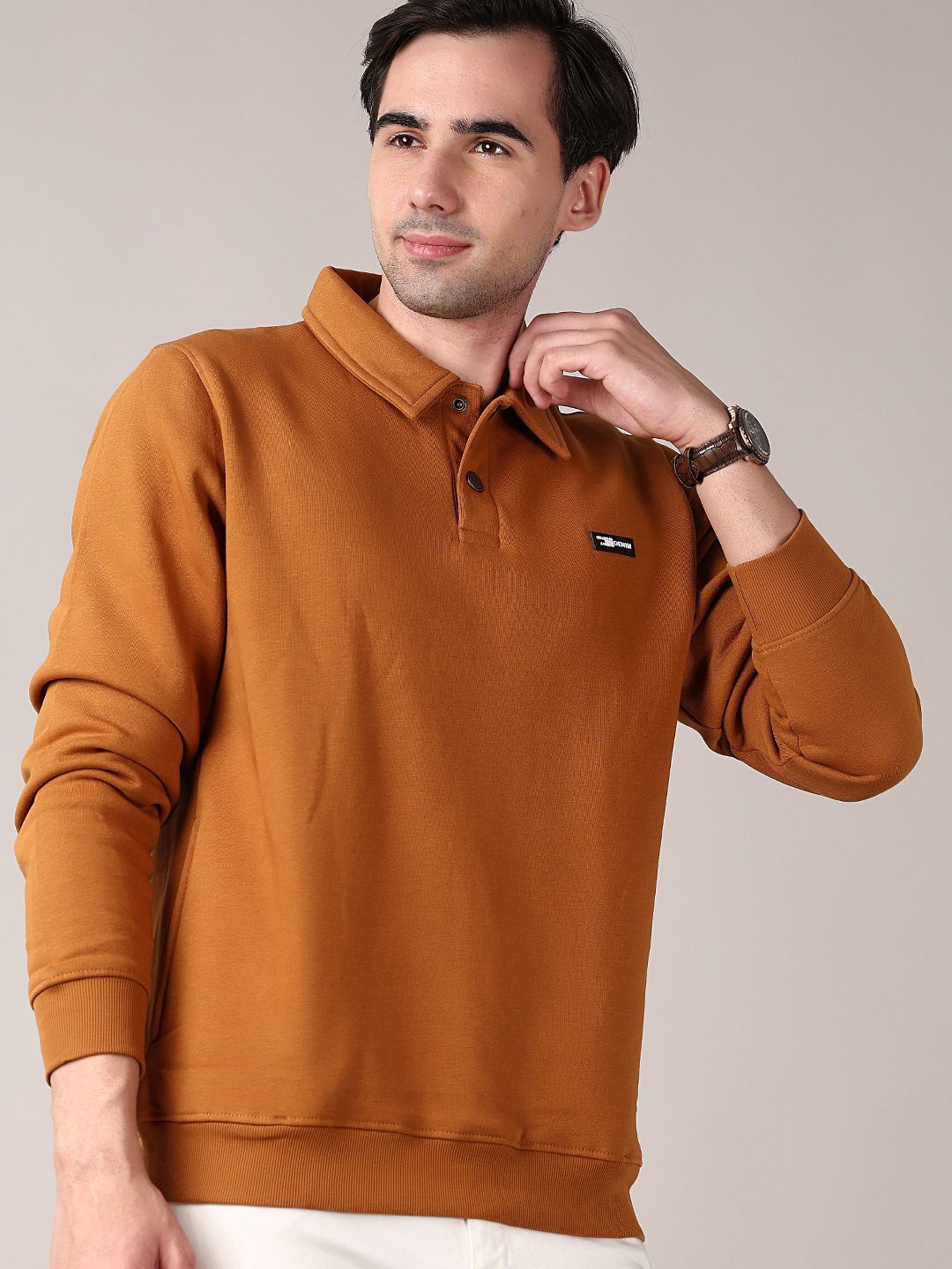 

V-Mart Men Shirt Collar Cotton Sweatshirt, Brown