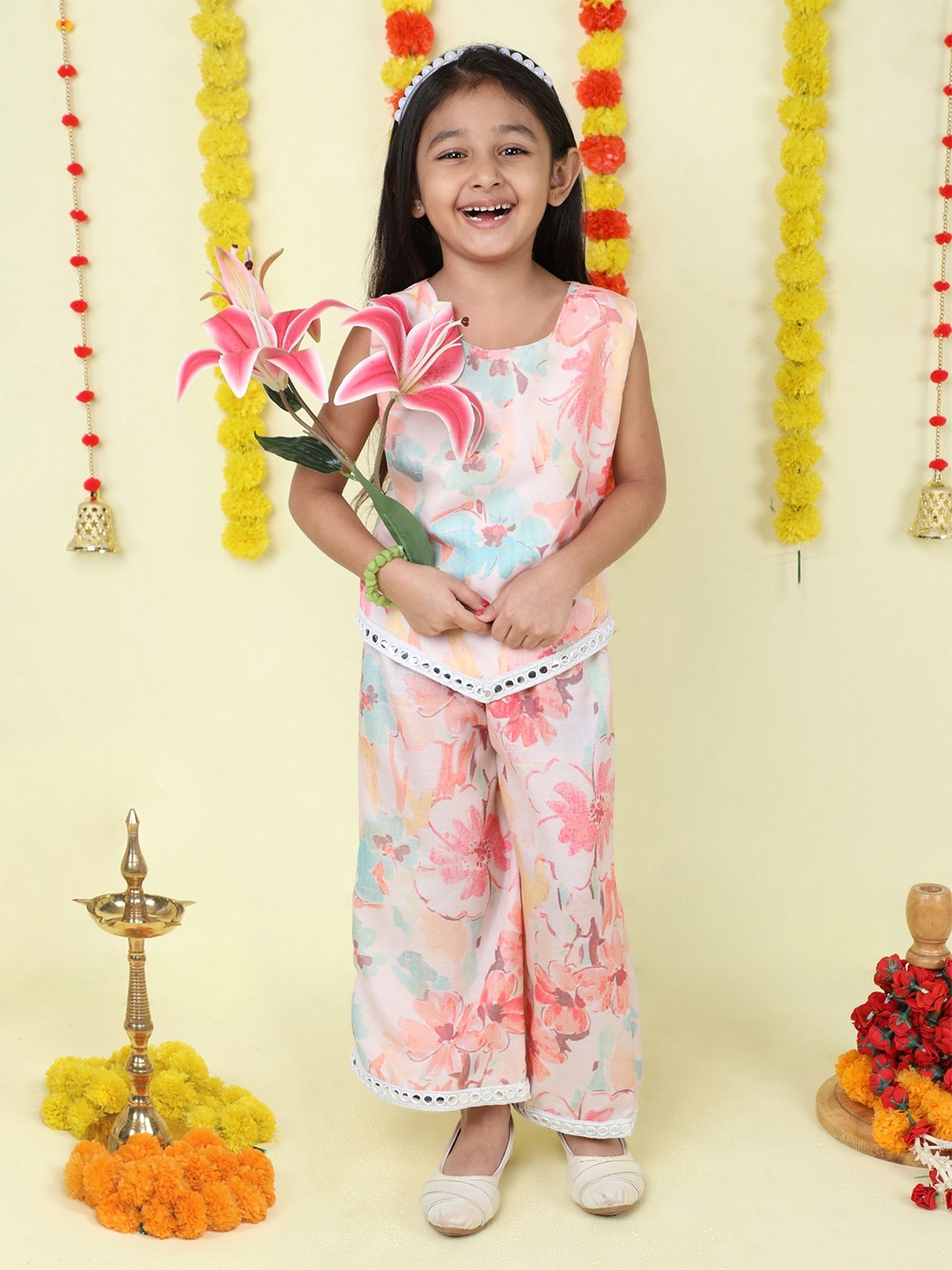 

The Magic Wand Girls Floral Printed Top with Pyjamas, Peach