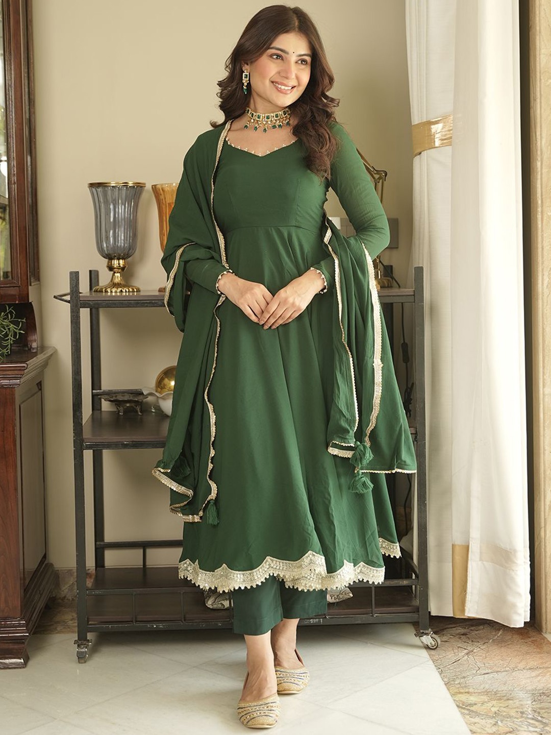 

Tanhai Square Neck Anarkali Kurta with Trousers & Dupatta, Green