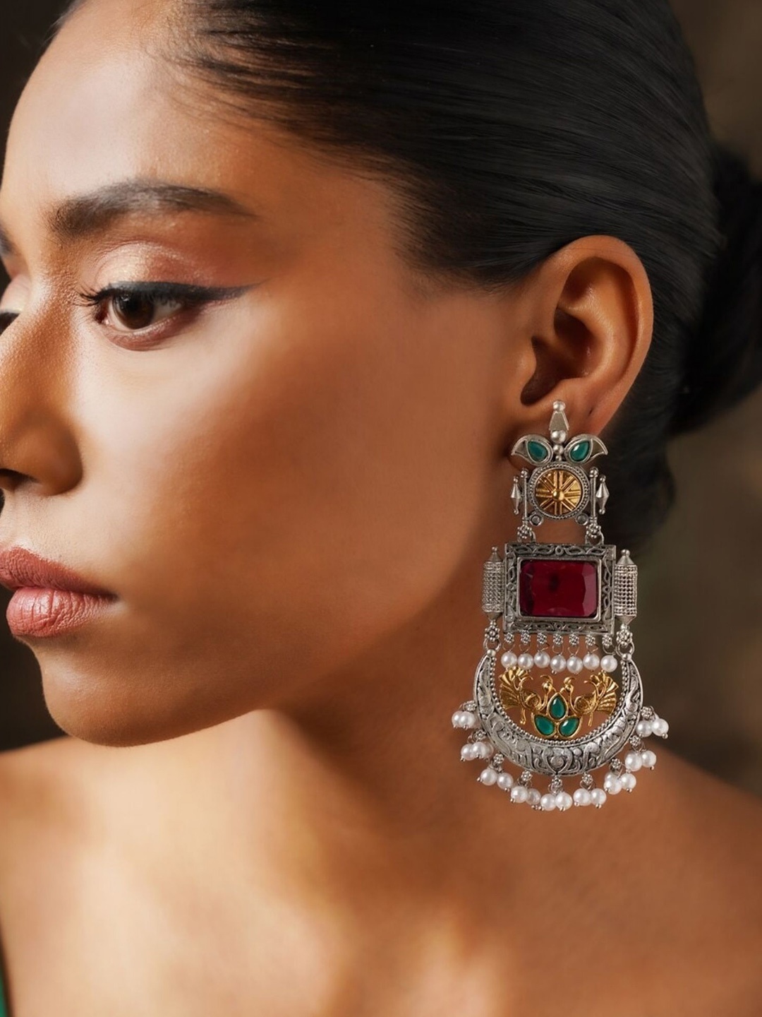 

ABDESIGNS Silver-Plated Stone Studded & Beaded Classic Drop Earrings