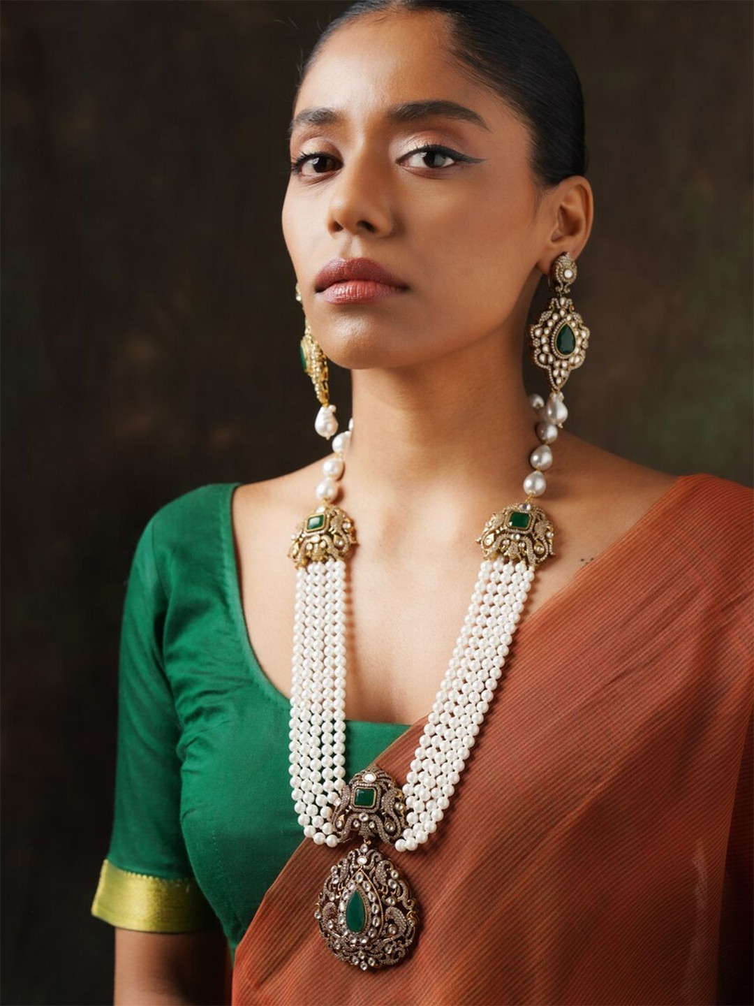 

ABDESIGNS Gold-Plated Polki American Diamond Stone Studded & Pearls Beaded Jewellery Set