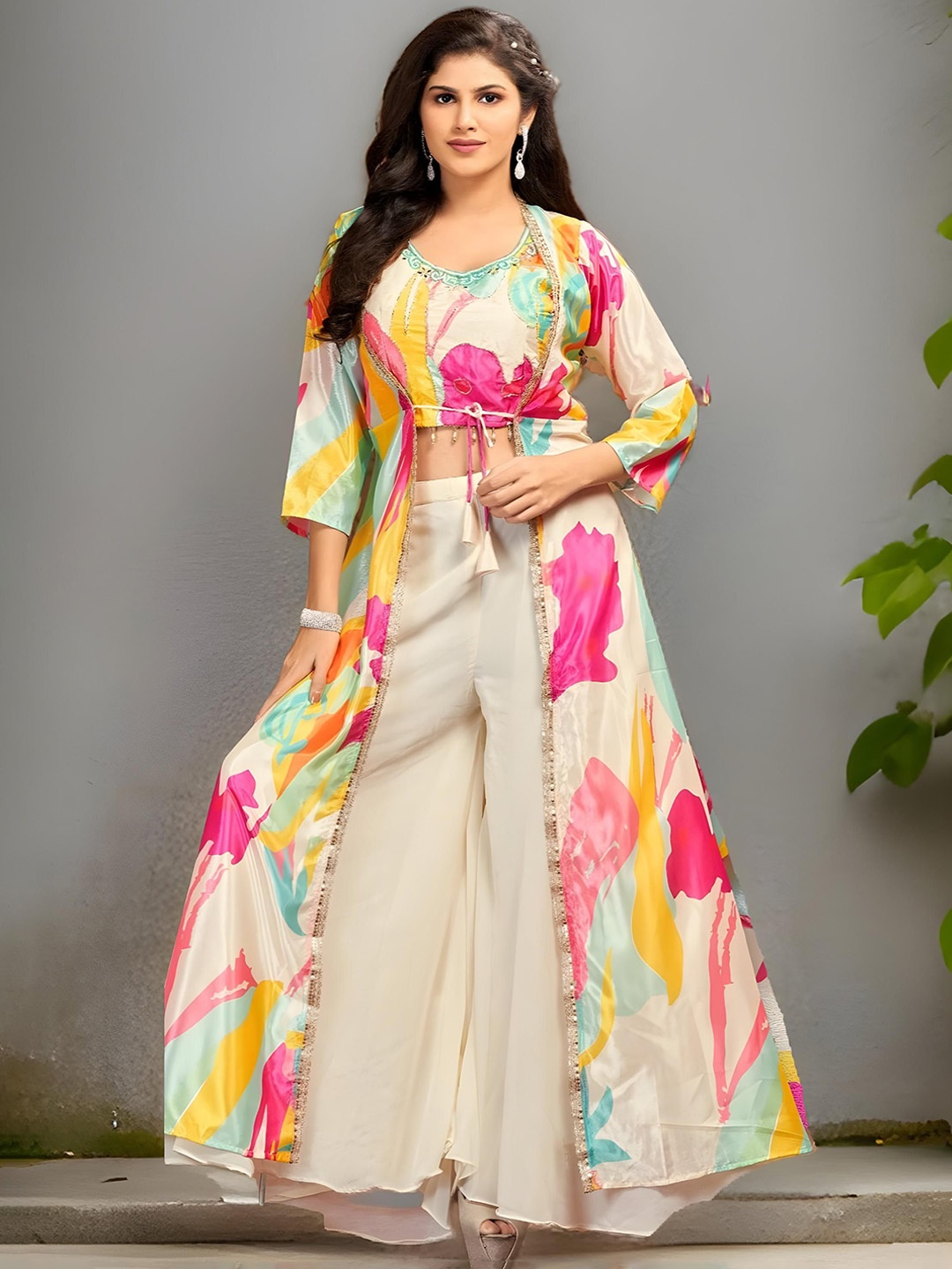 

LUGAI Abstract Printed Top With Palazzo & Shrug, Cream