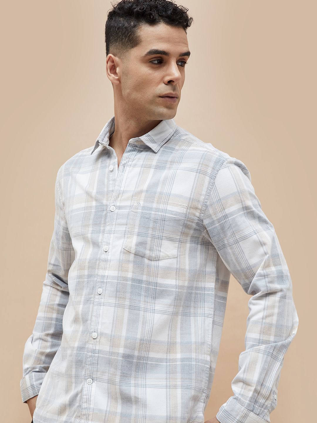 

CODE by Lifestyle Men Spread Collar Tartan Checked Cotton Casual Shirt, White