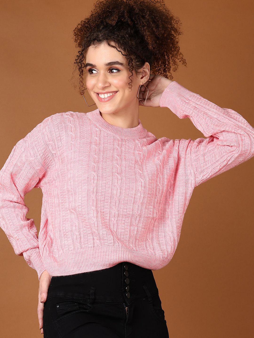 

V-Mart Women Self Design Cable Knit Pullover, Pink