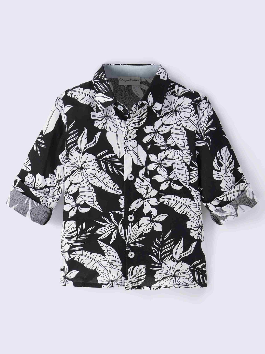 

CrayonFlakes Boys Spread Collar Floral Printed Casual Shirt, Black