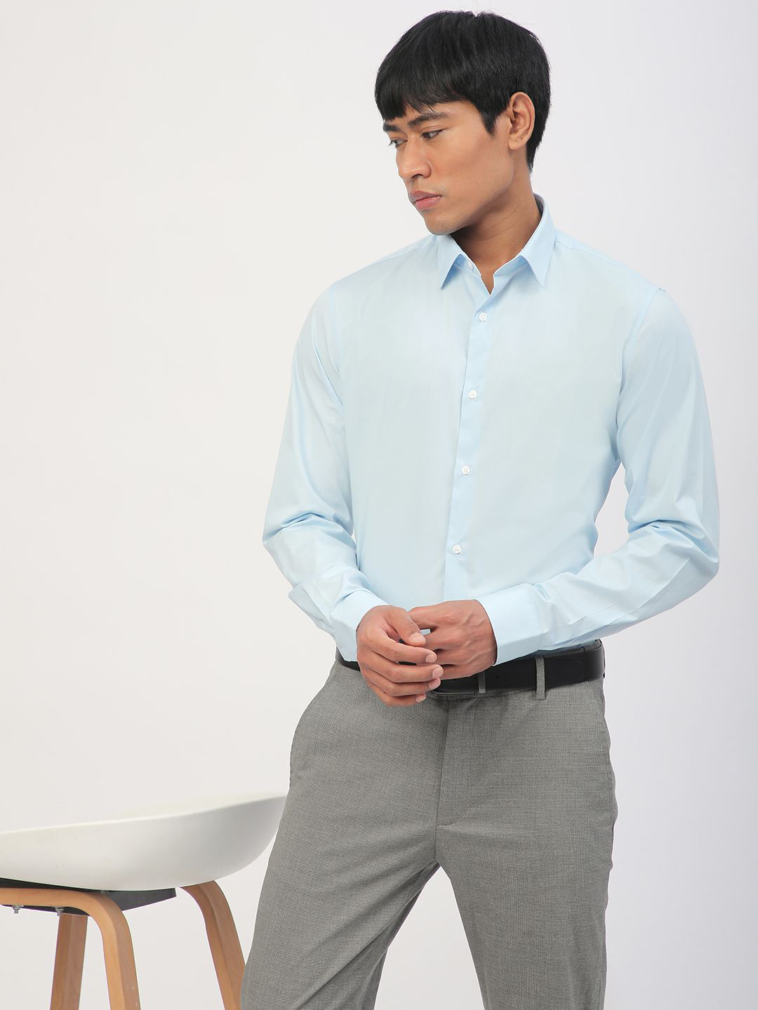 

R&B Men Standard Spread Collar Solid Cotton Slim Fit Formal Shirt, Blue