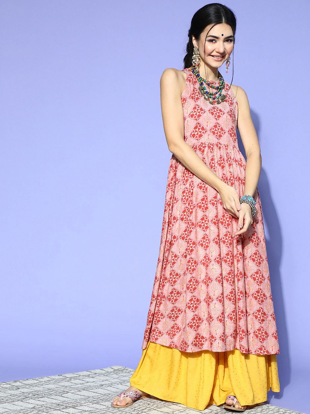 

KALINI Geometric Printed Keyhole Neck Sleeveless Cotton A-Line Kurta, Pink