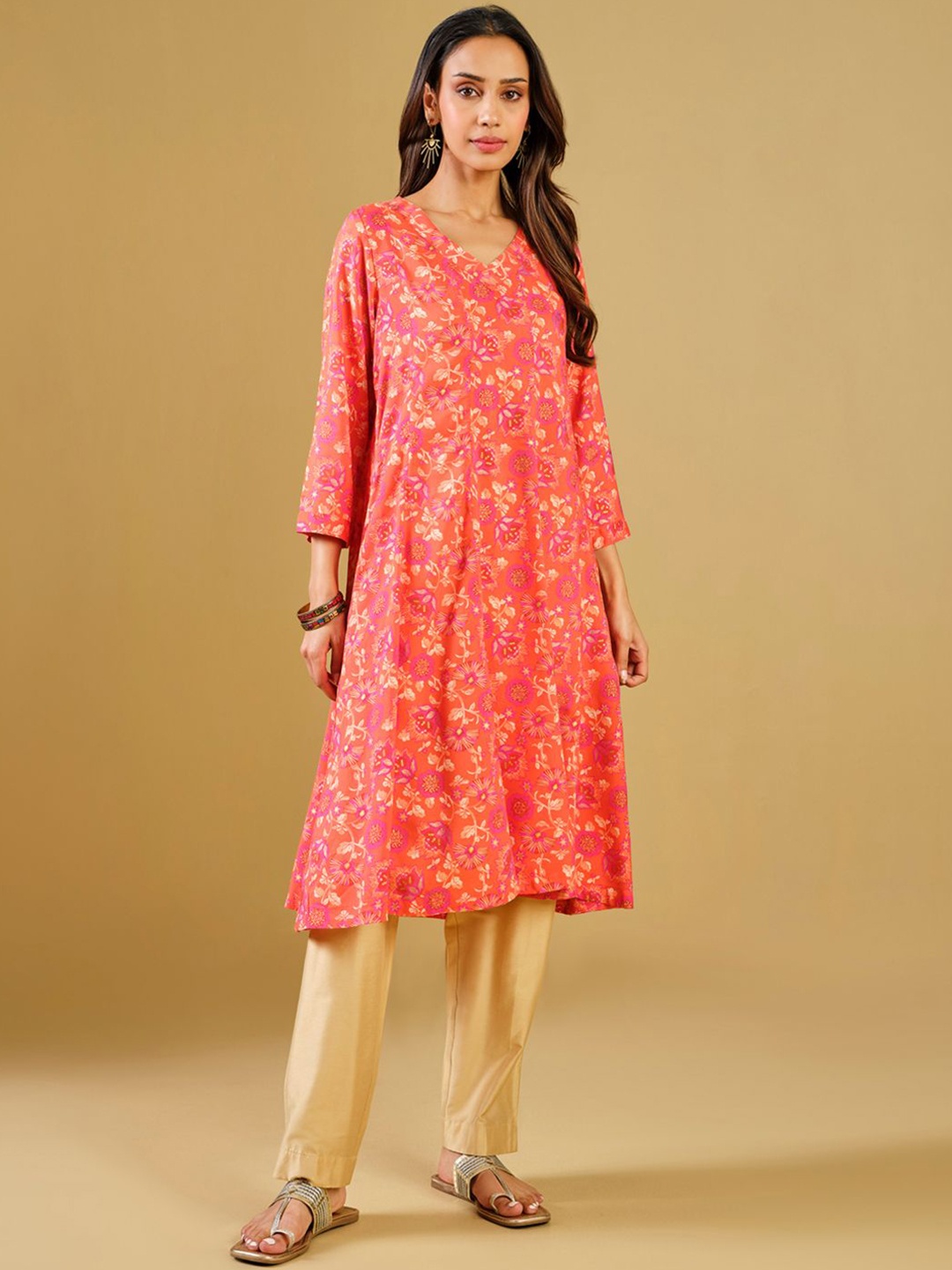 

Global Desi Floral Printed A-Line Kurta, Orange