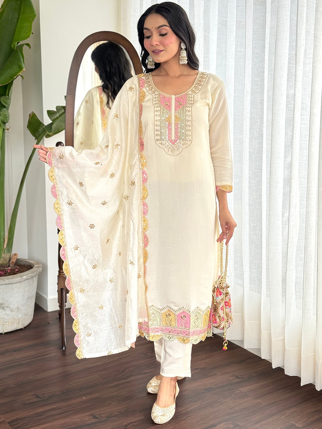 

KALINI Floral Embroidered Sequinned Chanderi Silk Kurta with Trouser & Dupatta, Cream