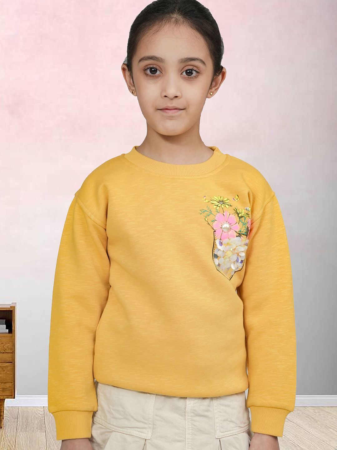 

PAMPOLINA Girls Embroidered Long Sleeves Sweatshirt, Mustard