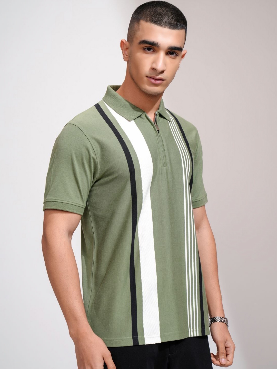

HIGHLANDER Men Striped Polo Collar Cotton Slim Fit T-shirt, Olive