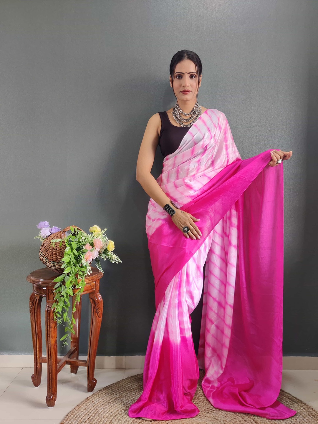 

V3 FASHION STUDIO Dyed Satin Ready to Wear Saree, Pink