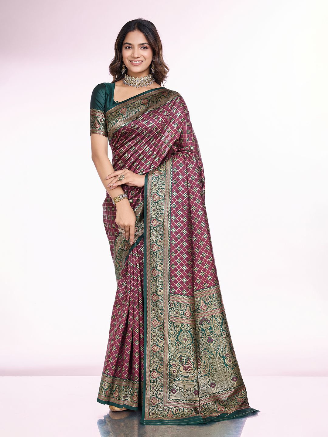 

RICH & ROMAN Ethnic Motifs Zari Pure Silk Banarasi Saree, Purple