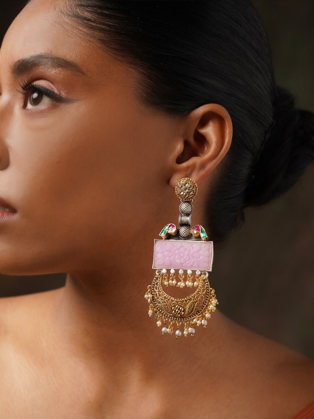 

ABDESIGNS Gold-Plated Stone Studded & Beaded Classic Drop Earrings