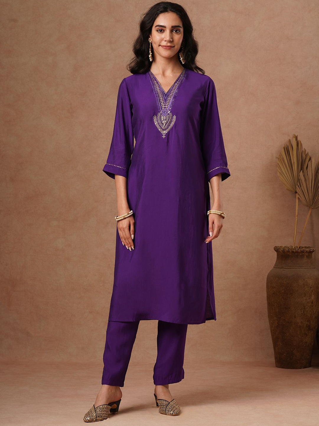 

FASHOR Sequinned Embroidered Straight Tunic With Trousers, Purple