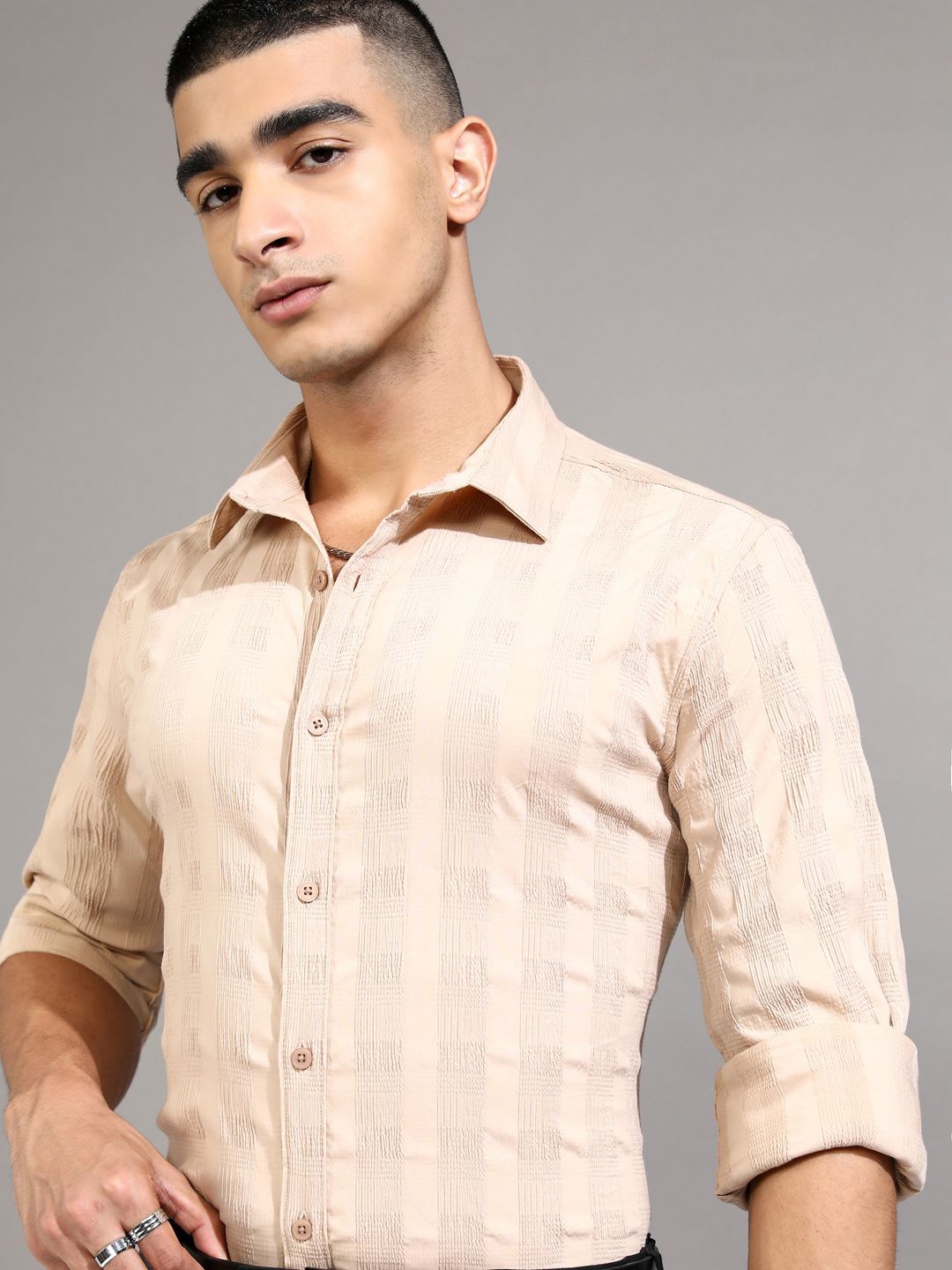 

Highlander Men Dobby Textured Striped Day Occasion Shirt, Beige