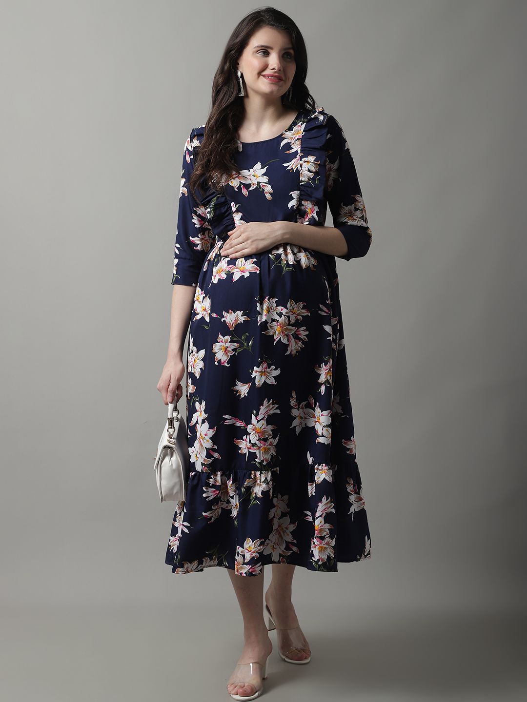 

Frempy Floral Printed Maternity Fit & Flare Midi Dress, Navy blue