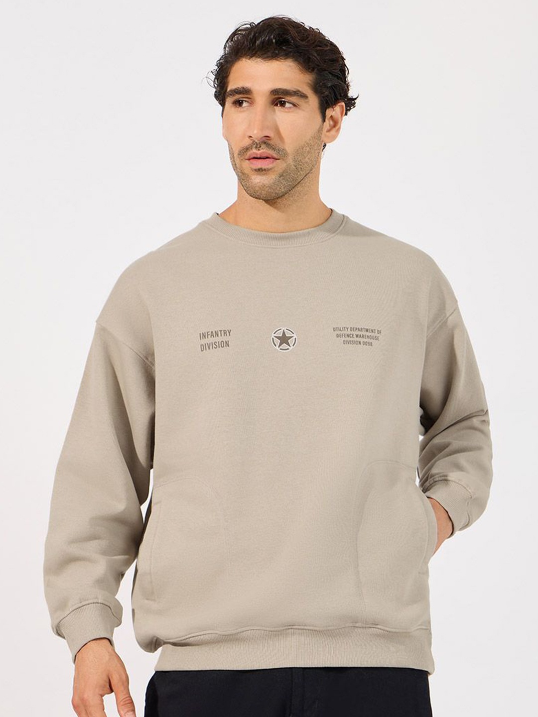 

Styli Boxy Fit Typography Printed Pullover, Beige