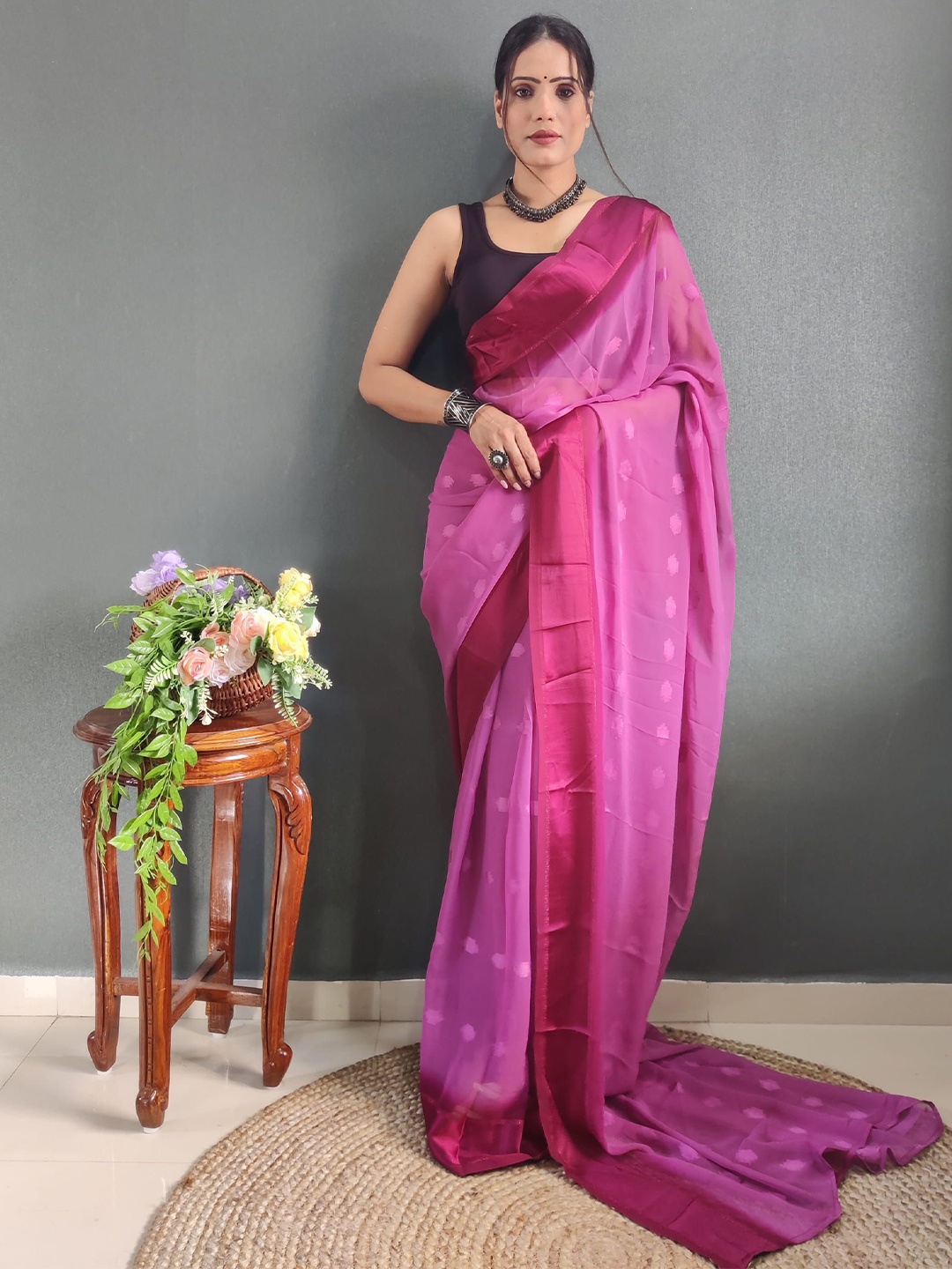 

V3 FASHION STUDIO Satin Woven Design Ready to Wear Jamdani Sarees, Pink