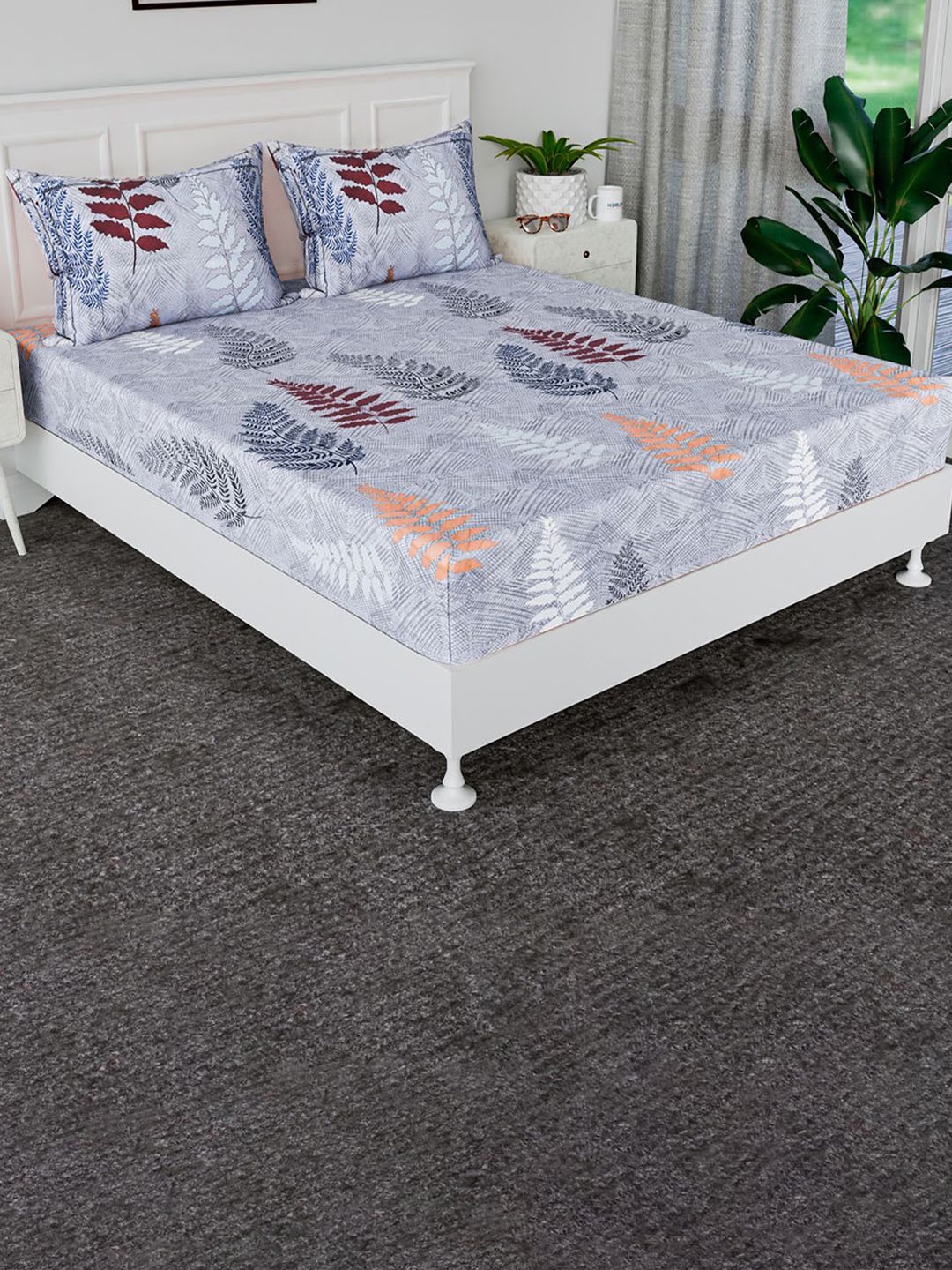 

Kuber Industries Grey & White 144 TC Cotton King Bedsheet with 2 Pillow Covers 1 x 1mt