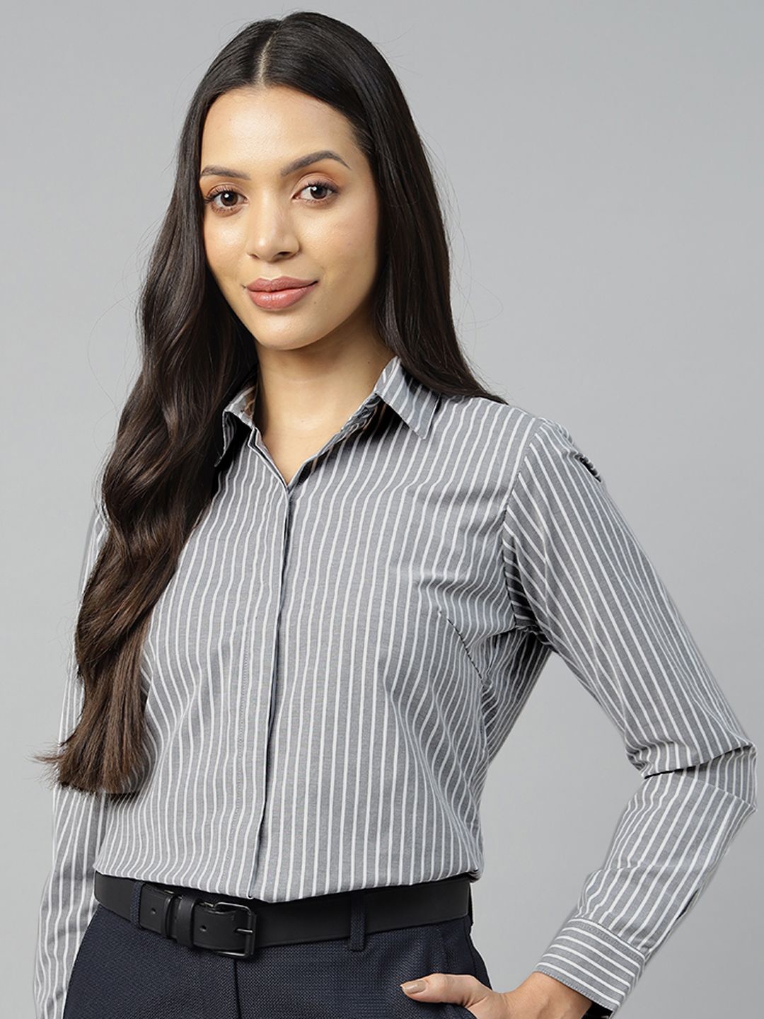 

Hancock Women Comfort Spread Collar Vertical Striped Cotton Formal Shirt, Grey