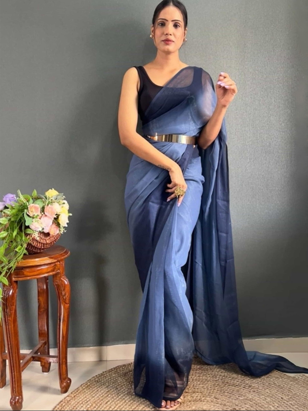 

V3 FASHION STUDIO Leheriya Pure Crepe Jamdani Saree, Blue