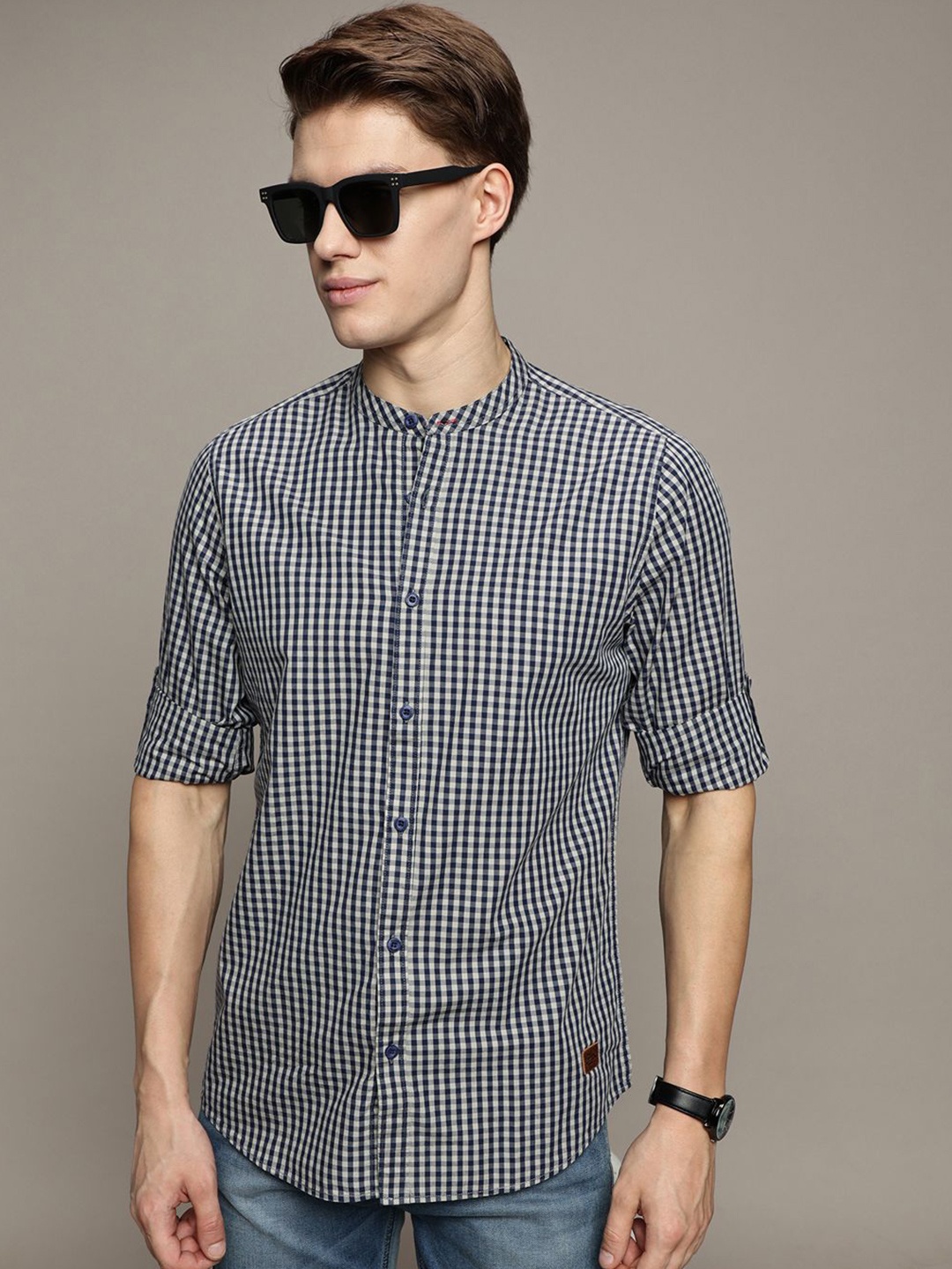 

The Roadster Lifestyle Co. Men Premium Band Collar Gingham Checked Cotton Casual Shirt, Navy blue