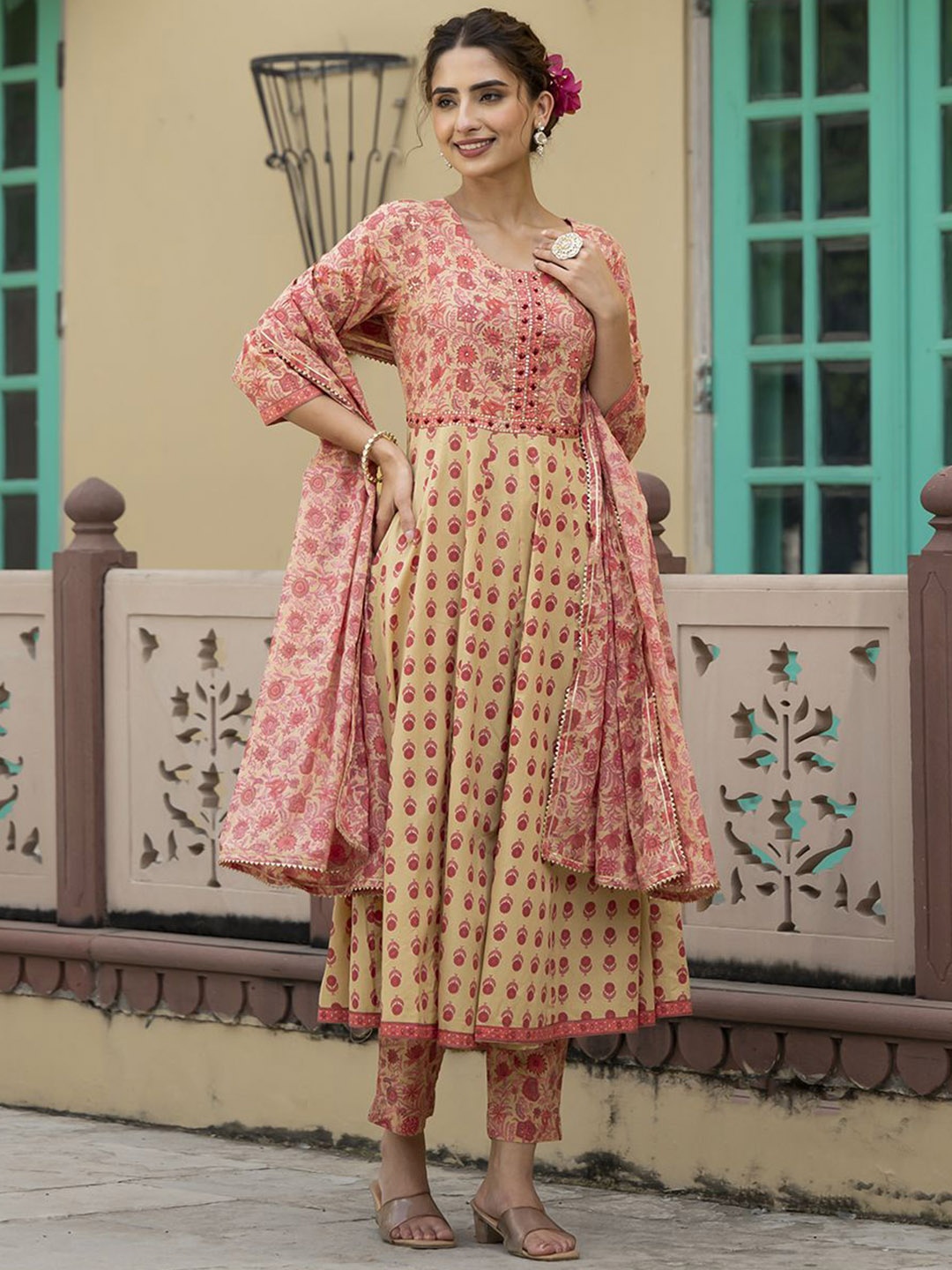 

Divena Floral Printed Sequinned Pure Cotton Anarkali Kurta with Trouser & Dupatta, Peach