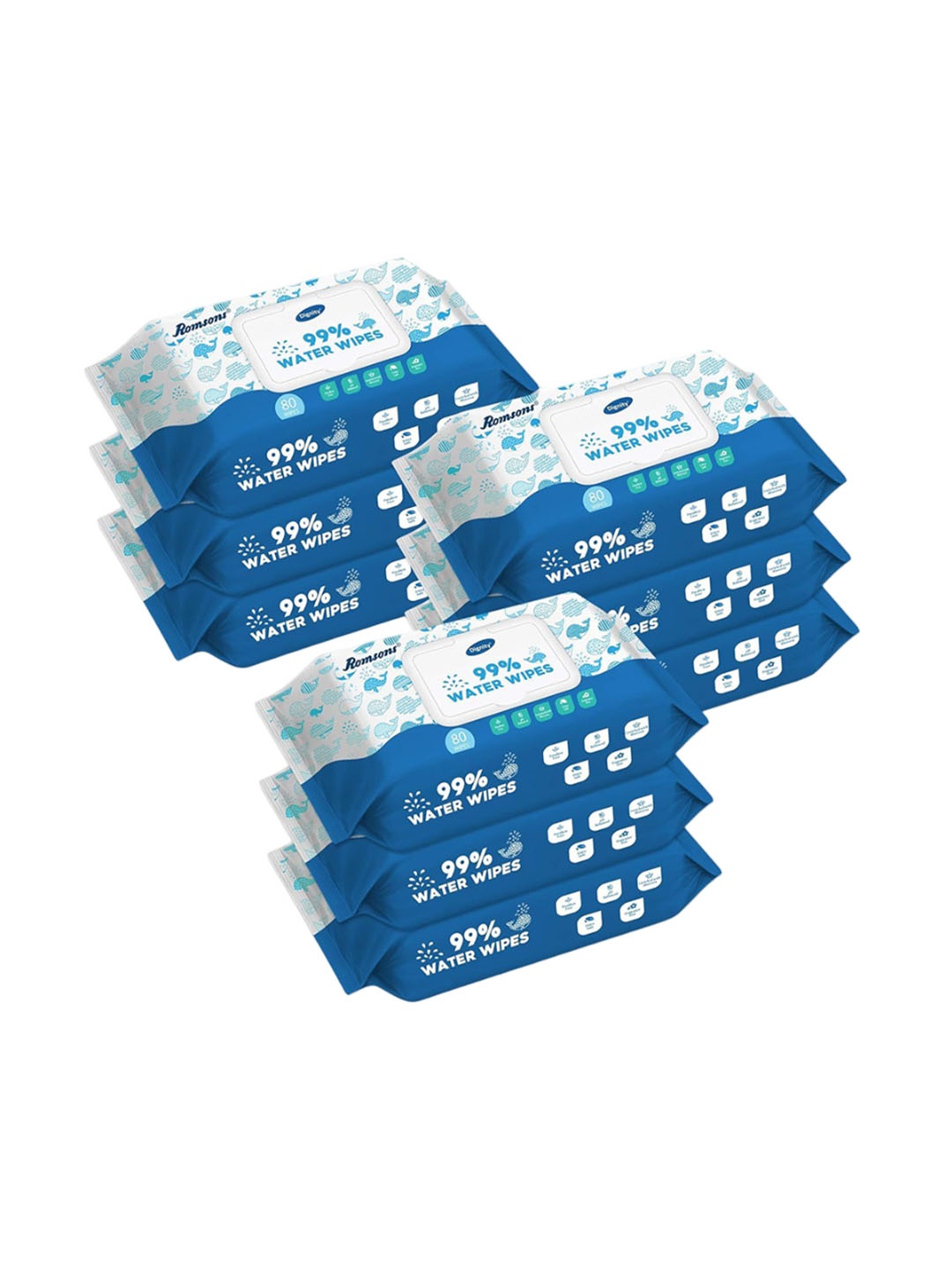 

Romsons Dignity Set of 9 Aloe Vera Water Baby Wipes - 80 Wipes Each, Blue