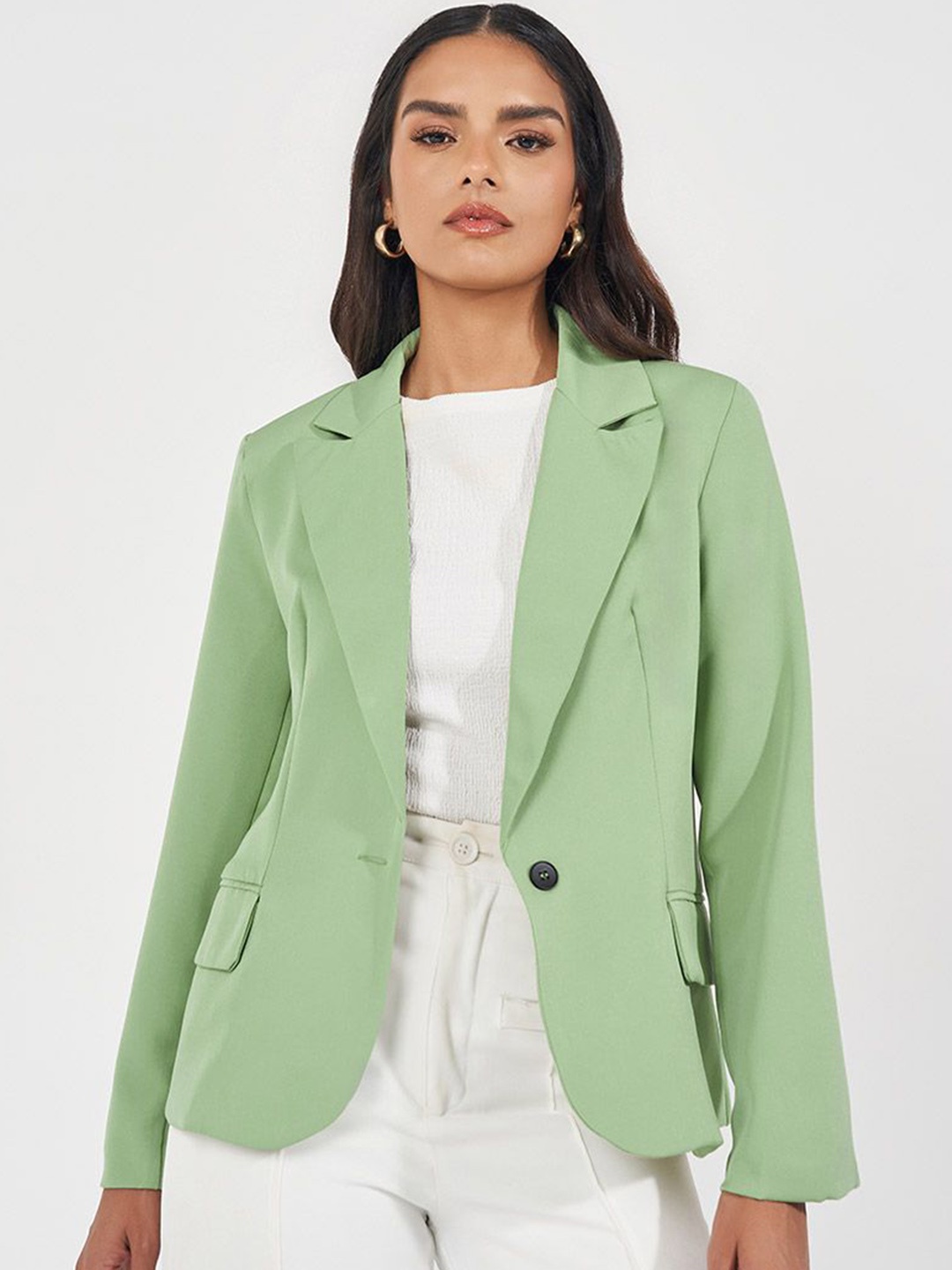 

Styli Women Regular Length Regular Fit Single Button Blazer, Green