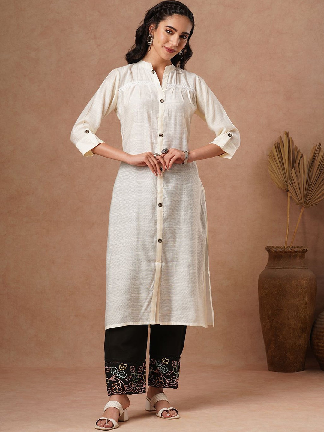 

FASHOR Mandarin Collar A-Line Kurta, White