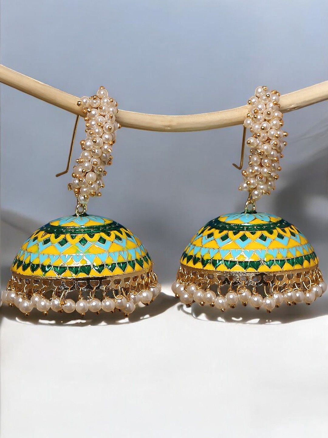 

OOMPH Beaded Meenakari Dome Shaped Jhumkas, Green