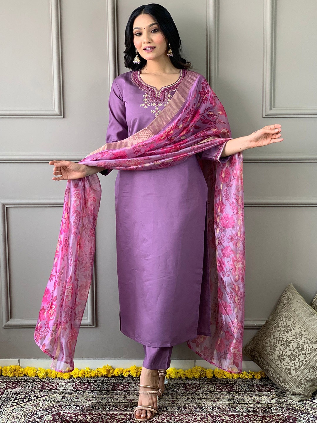 

KALINI Floral Embroidered Thread Work Chanderi Silk Kurta with Trouser & Dupatta, Purple