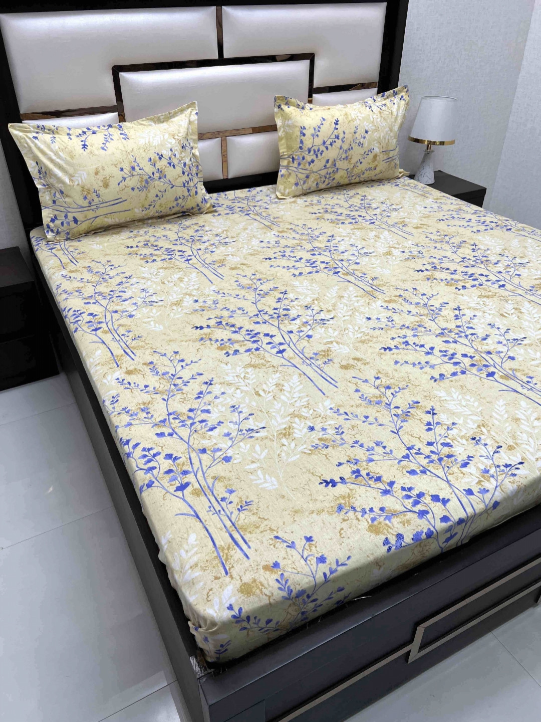 

Pure Decor Velar Yellow Floral Pure Cotton 300 TC Super King Bedsheet Set-2.73 m x 3.04 m