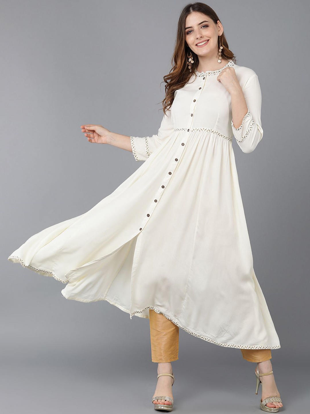 

AHIKA Mandarin Collar Anarkali Kurta, Cream